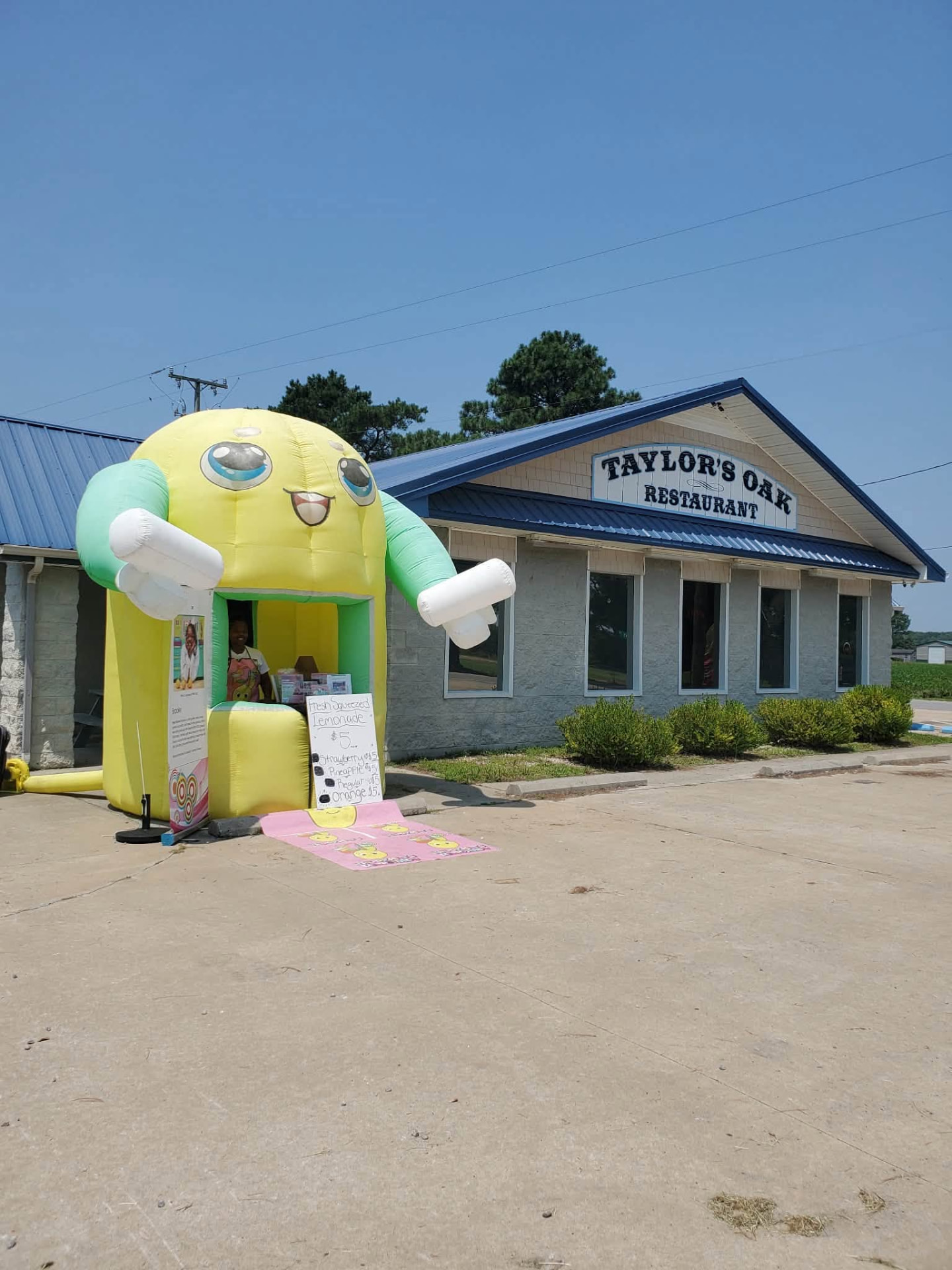 Taylor's Oak Restaurant in Camden, NC on a sunny day with a cheerful inflatable lemonade stand out front